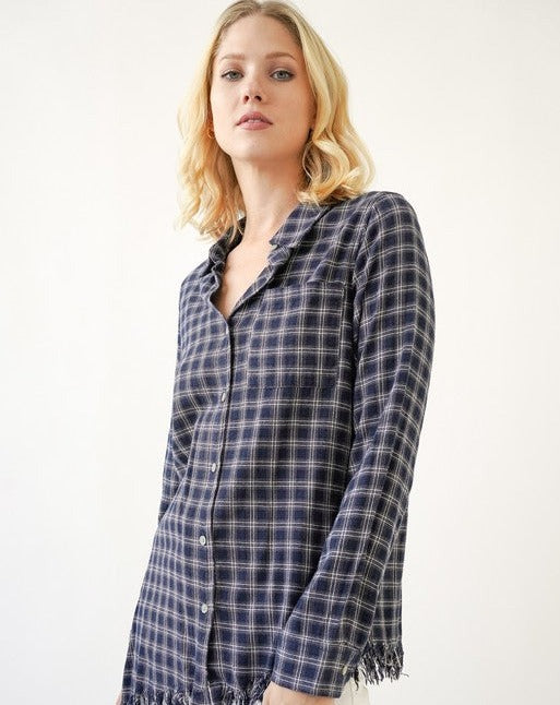Plaid Button Down w/ Fringe Trim