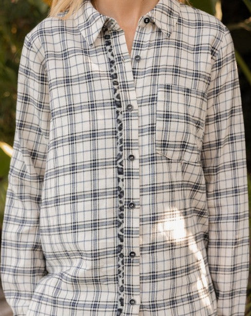 Plaid Button Down Leopard Trim Blouse
