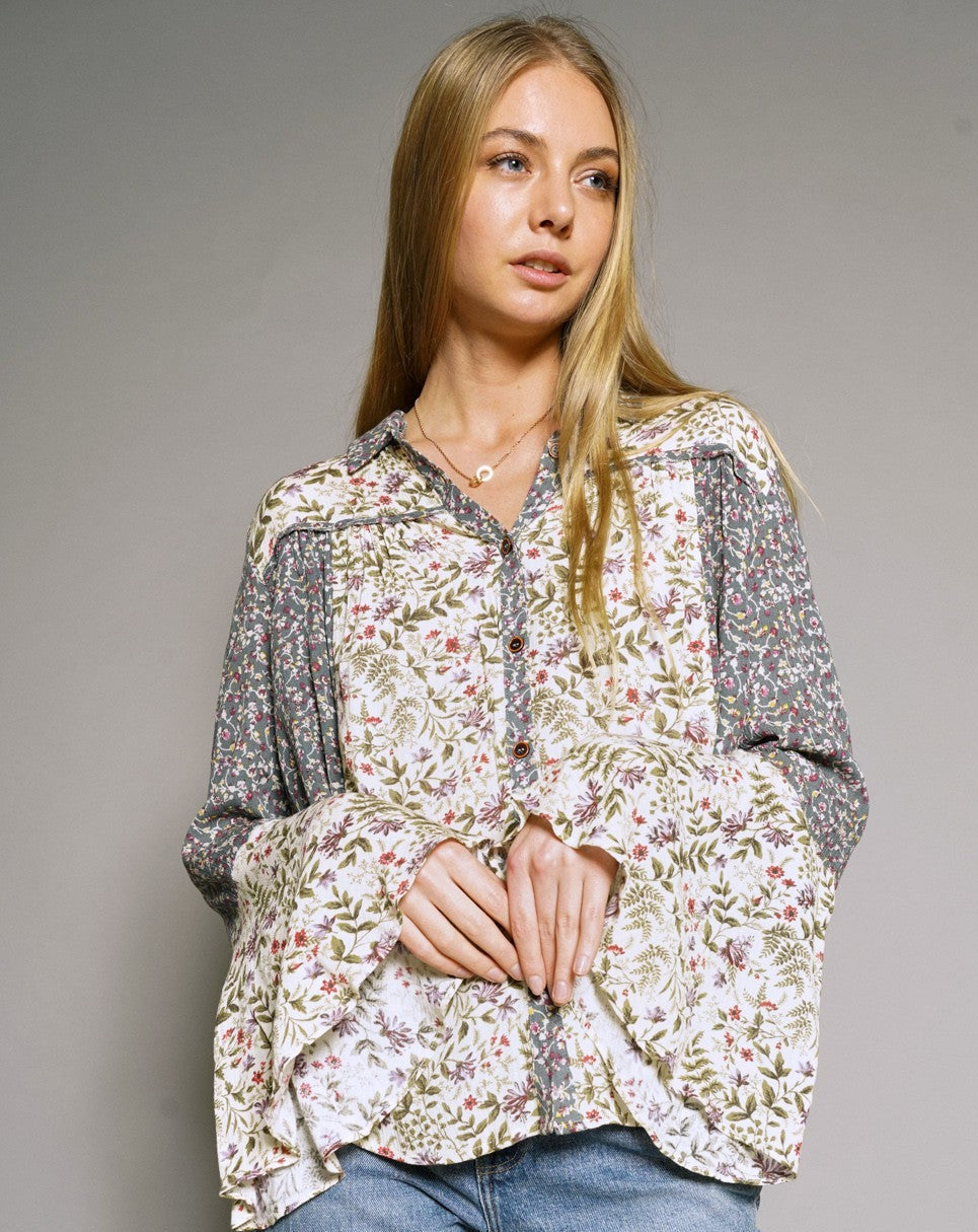 Floral Print Button Down Blouse