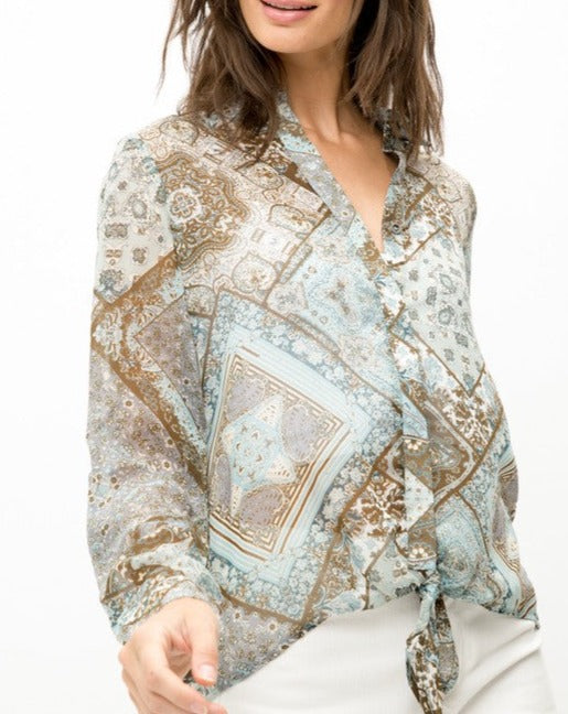 Sheer Print Button Down Tie Front