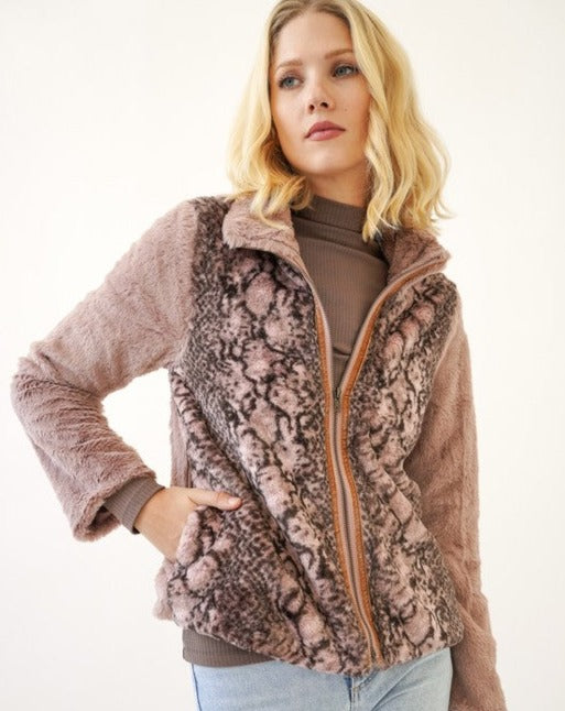 Faux Fur Animal Print Zip Front