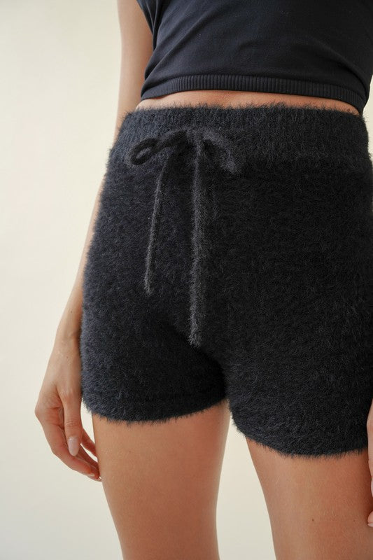 Black Fuzzy Drawstring Short