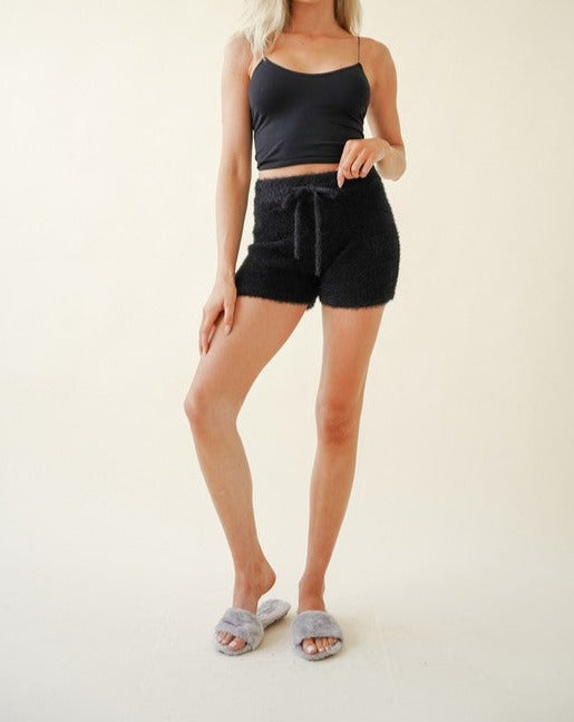 Black Fuzzy Drawstring Short