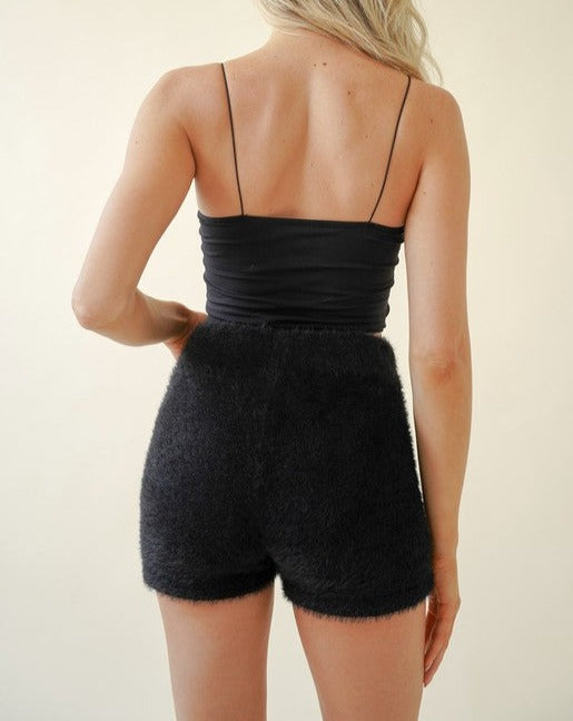 Black Fuzzy Drawstring Short