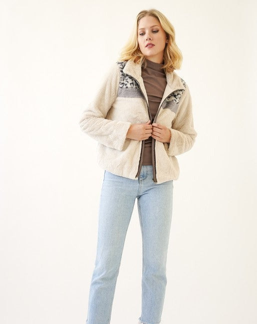 Faux Fur Animal Print Zip Front