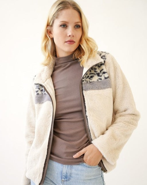 Faux Fur Animal Print Zip Front