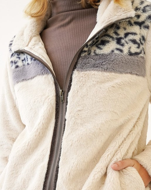 Faux Fur Animal Print Zip Front