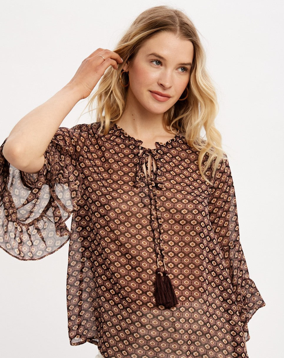 Sheer Ruffle Top With Tassels