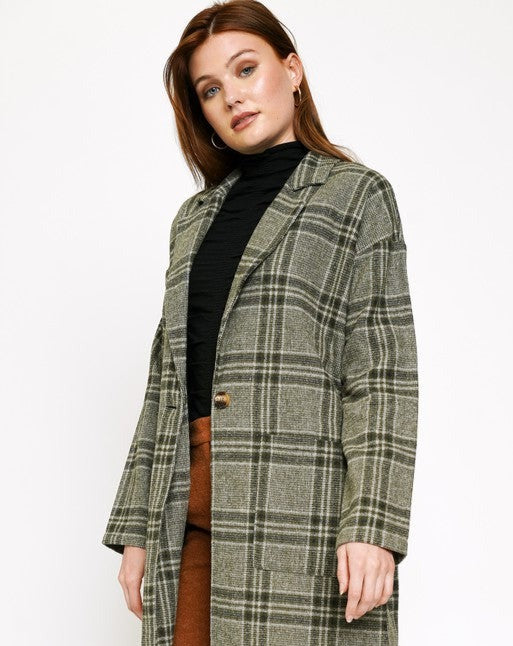 Plaid One Button Long Coat