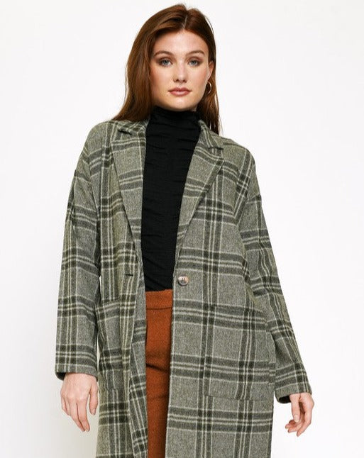 Plaid One Button Long Coat