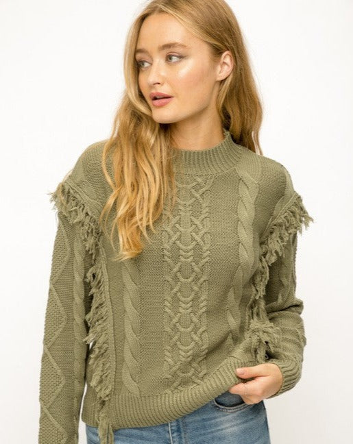 Cable Knit With Fringe Trim Sweater